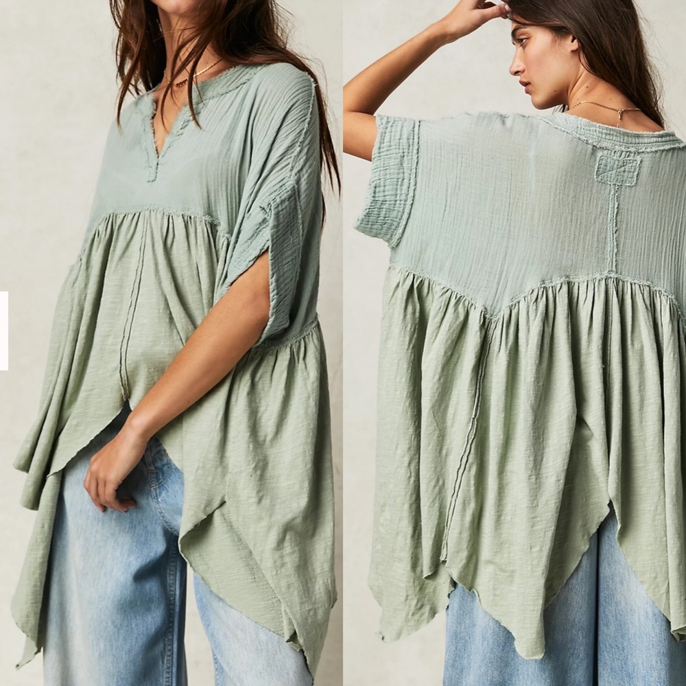 Free People Light Sage Green Gauze Short Sleeve Peasant Top